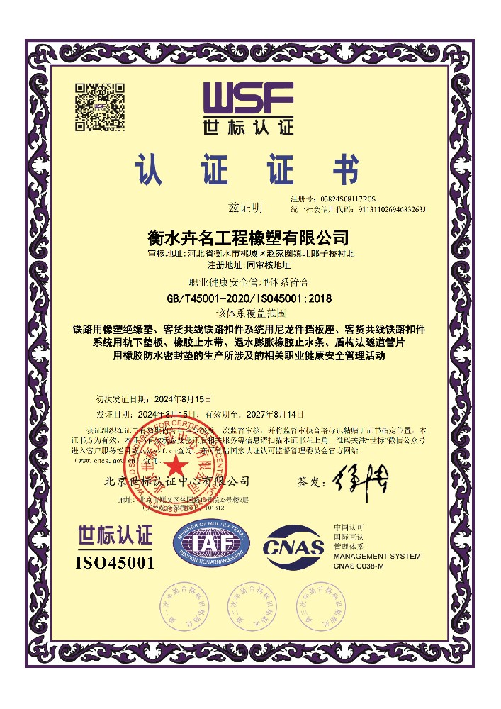職業(yè)健康安全管理體系認證證書